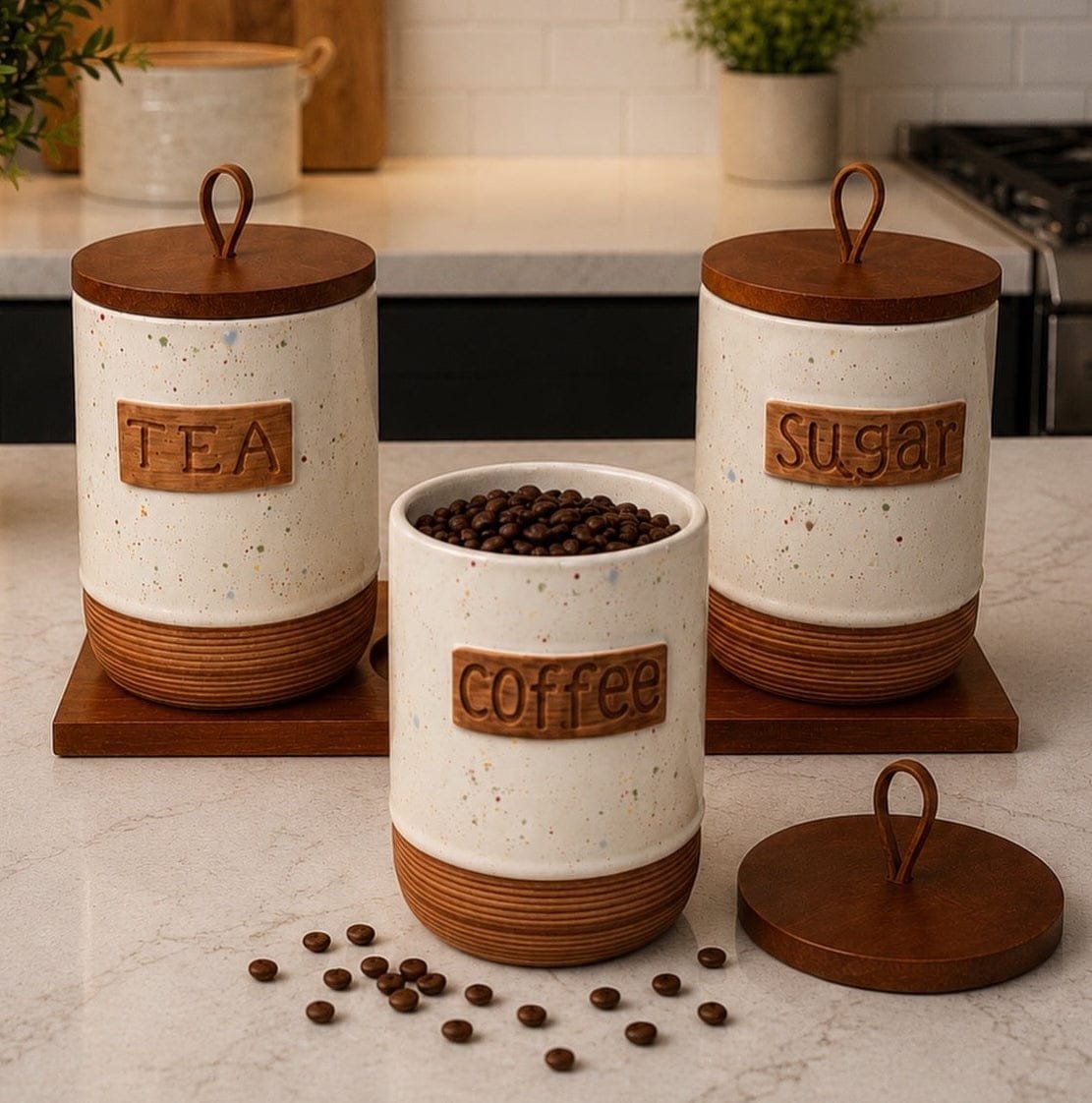 Tea Coffee Sugar Speckled White Jars with Tray